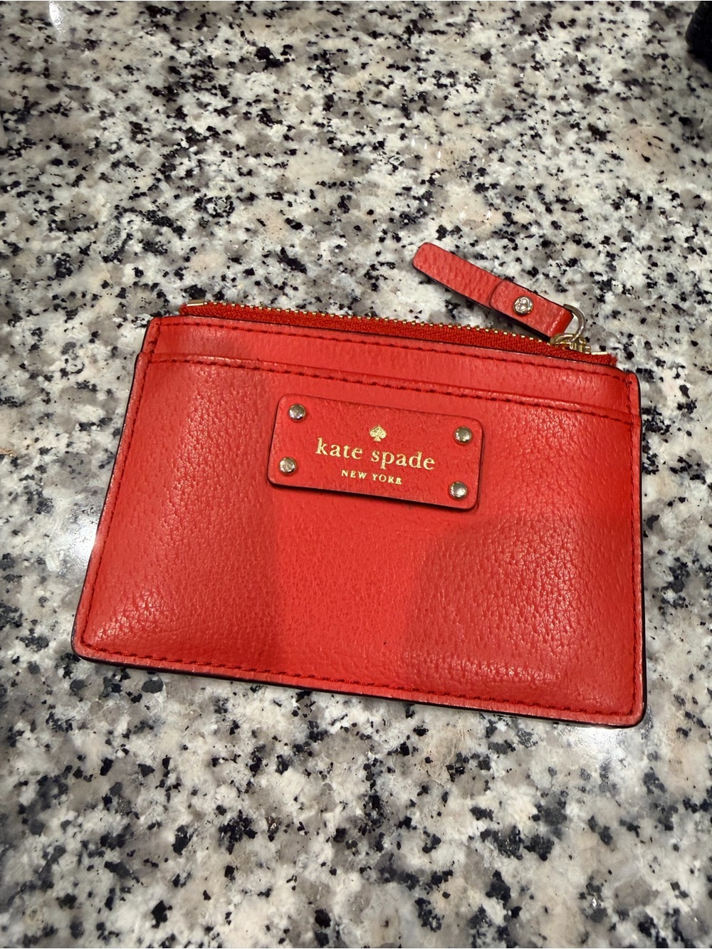 kate spade Red Leather Zip Card Holder with Gold Plaque